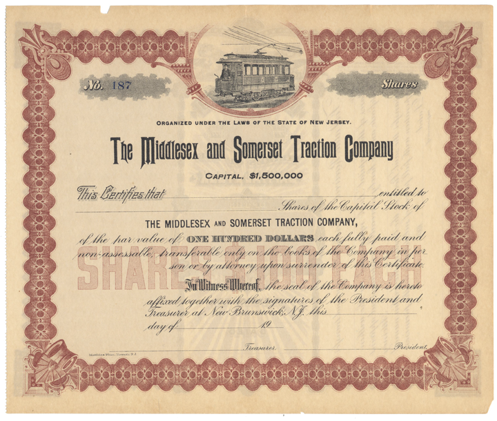 Middlesex and Somerset Traction Company Stock Certificate