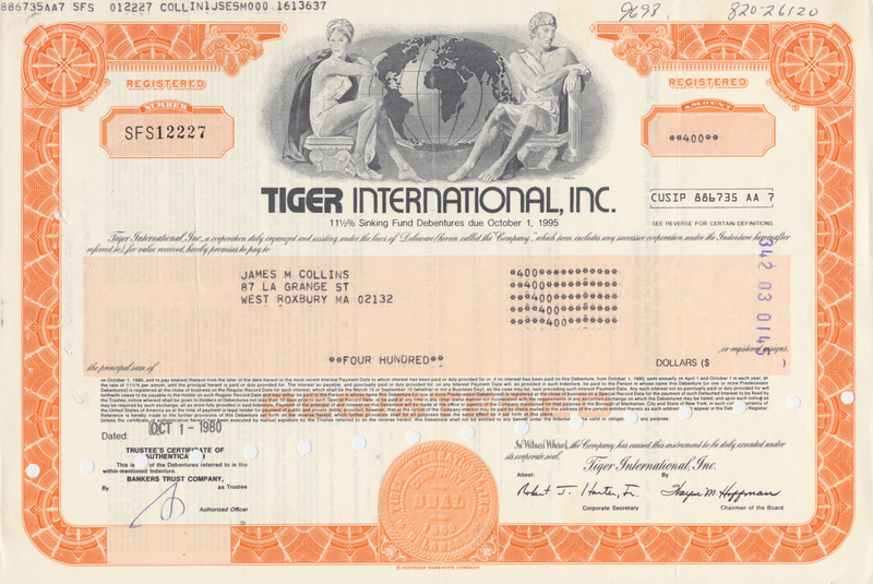 Tiger International, Inc. Bond Certificate