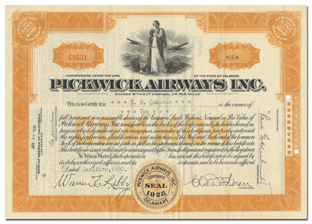 Pickwick Airways, Inc. Stock Certificate