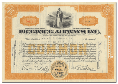 Pickwick Airways, Inc. Stock Certificate