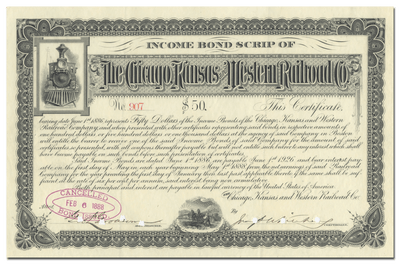 Chicago, Kansas and Western Railroad Company Stock Certificate