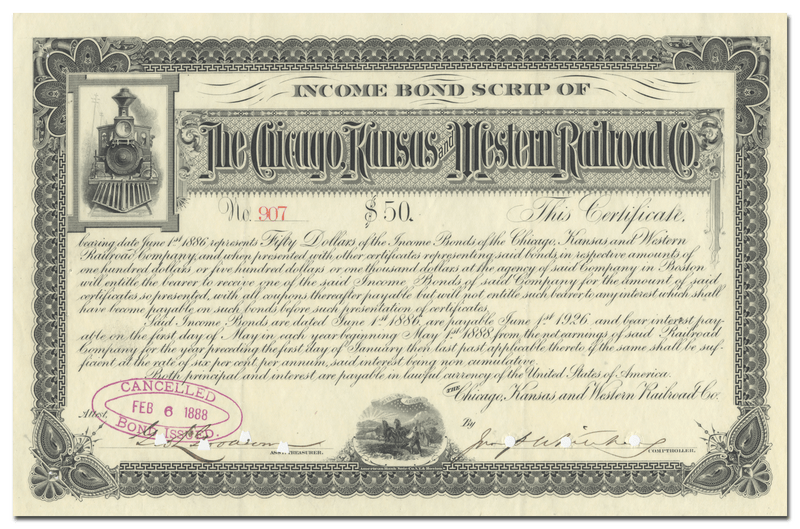 Chicago, Kansas and Western Railroad Company Stock Certificate