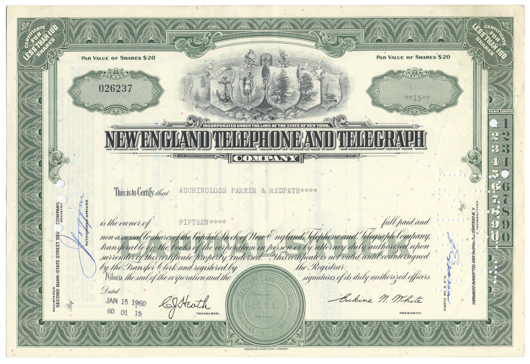 New England Telephone and Telegraph Company Stock Certificate