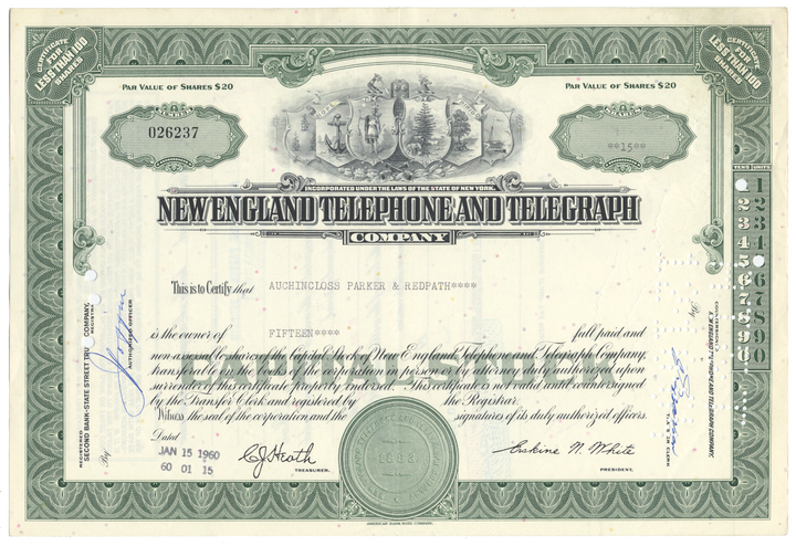 New England Telephone and Telegraph Company Stock Certificate