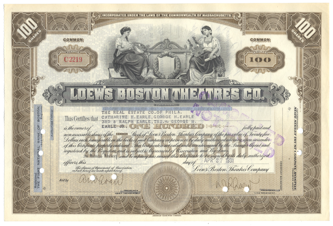 Loew's Boston Theatres, Inc. Stock Certificate