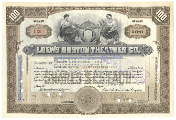 Loew's Boston Theatres, Inc. Stock Certificate