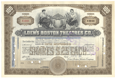 Loew's Boston Theatres, Inc. Stock Certificate