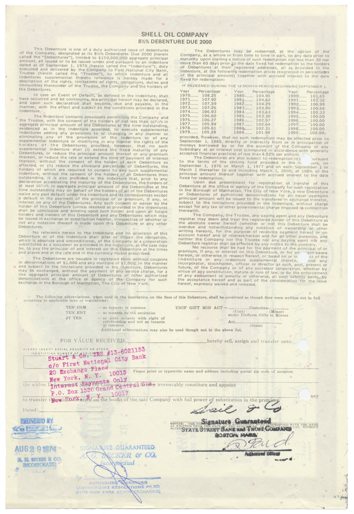 Shell Oil Company Bond Certificate