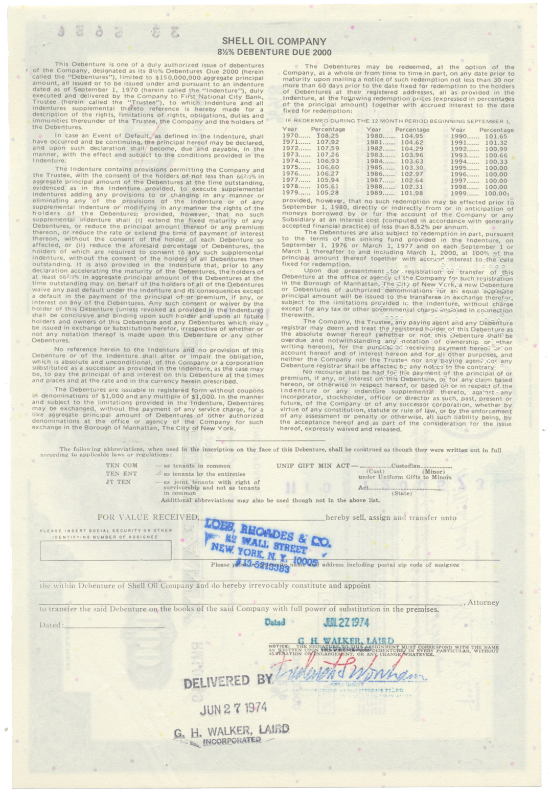 Shell Oil Company Bond Certificate