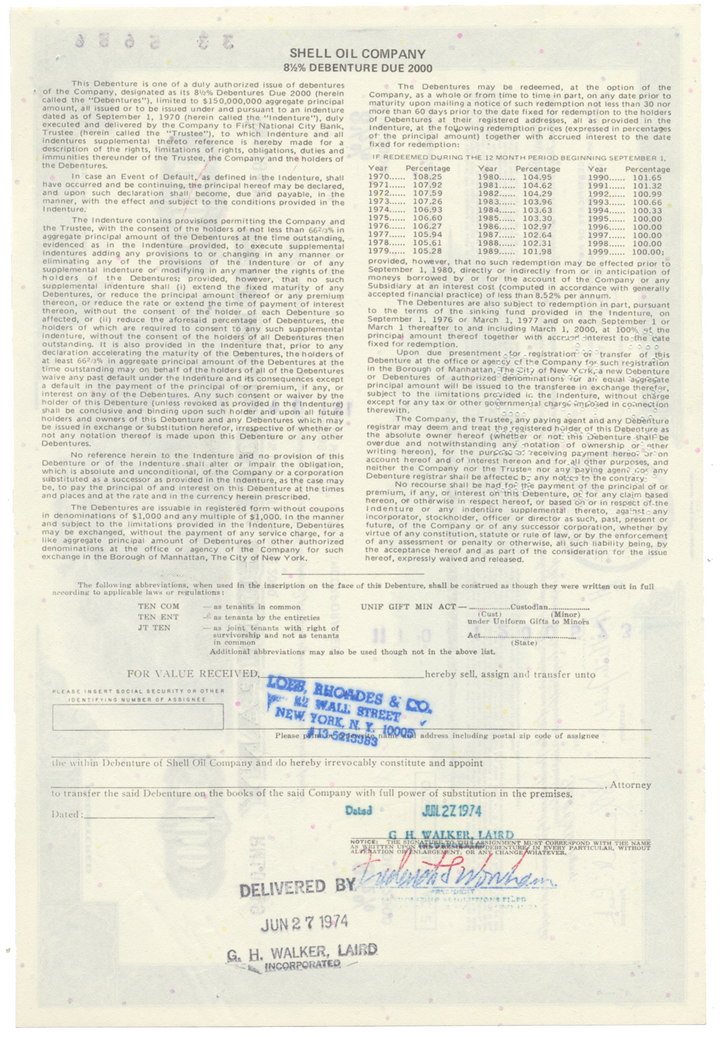 Shell Oil Company Bond Certificate