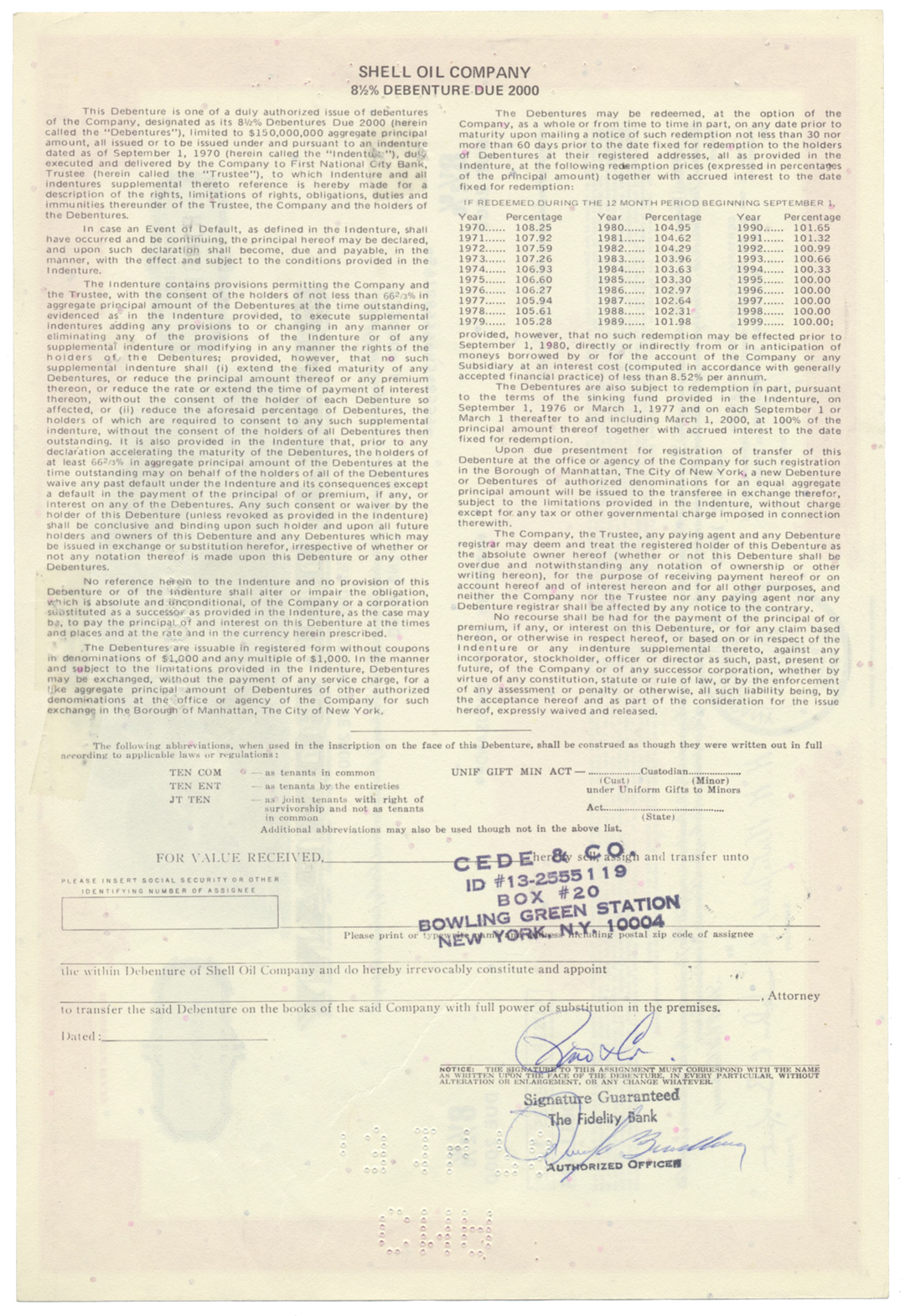 Shell Oil Company Bond Certificate