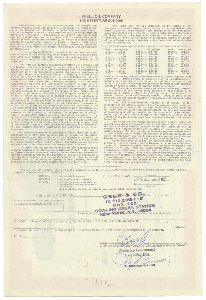 Shell Oil Company Bond Certificate