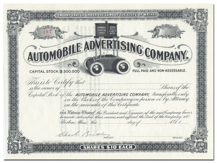 Automobile Advertising Company Stock Certificate