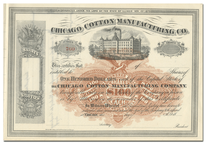 Chicago Cotton Manufacturing Company Stock Certificate