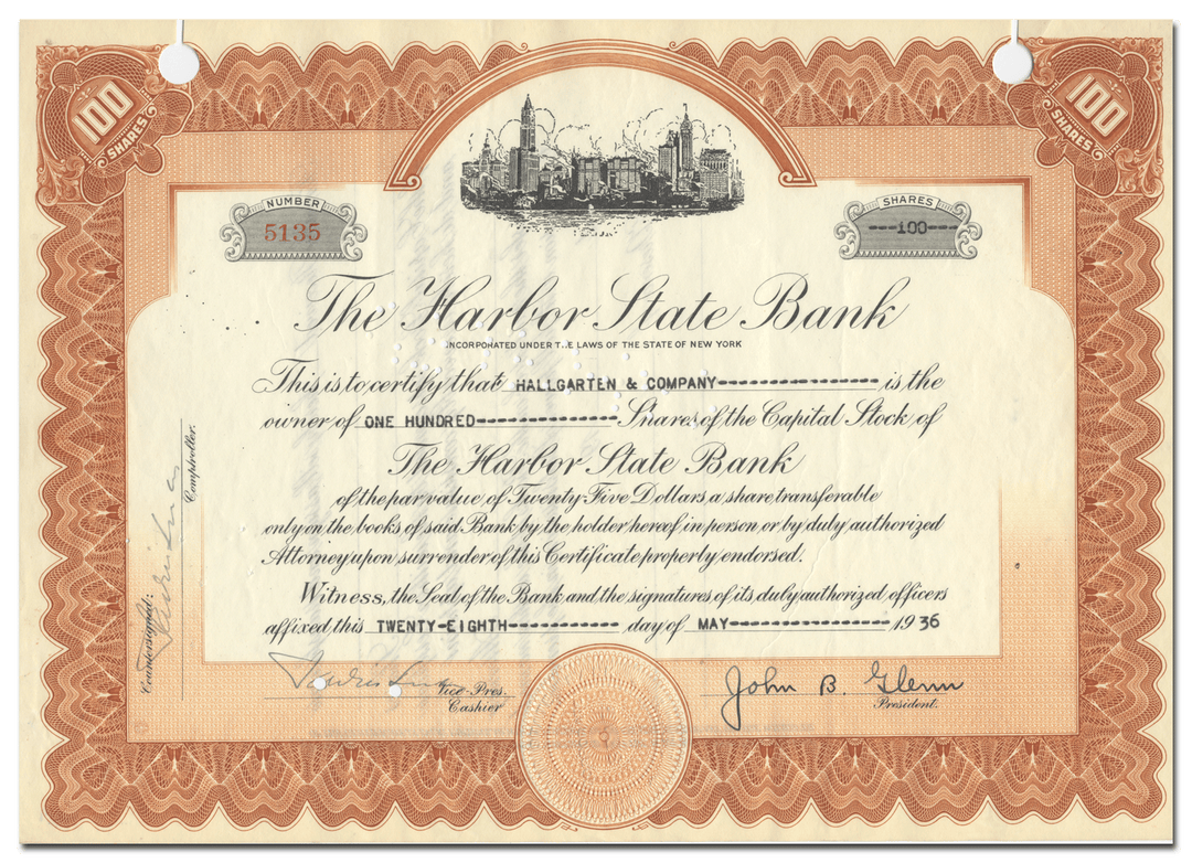 Harbor State Bank Stock Certificate