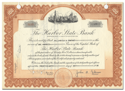 Harbor State Bank Stock Certificate