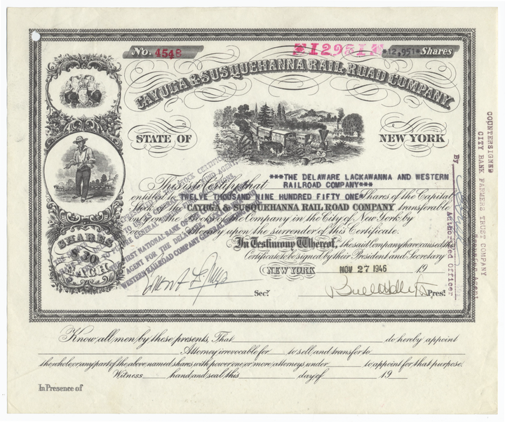 Cayuga & Susquehanna Rail Road Company Stock Certificate