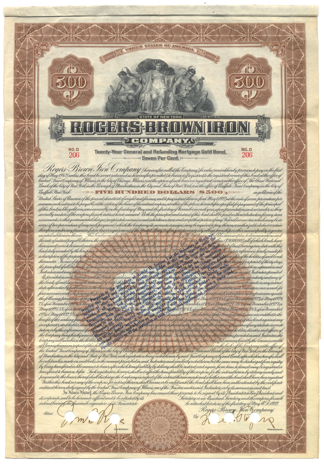 Rogers-Brown Iron Company Bond Certificate