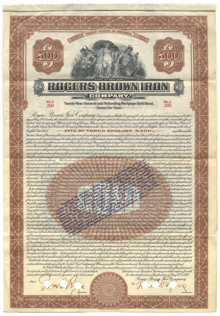 Rogers-Brown Iron Company Bond Certificate