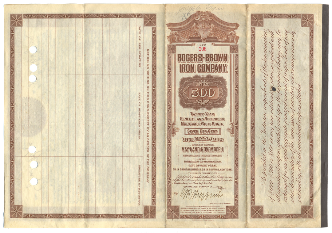 Rogers-Brown Iron Company Bond Certificate