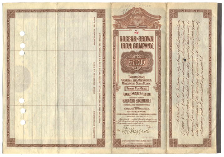 Rogers-Brown Iron Company Bond Certificate