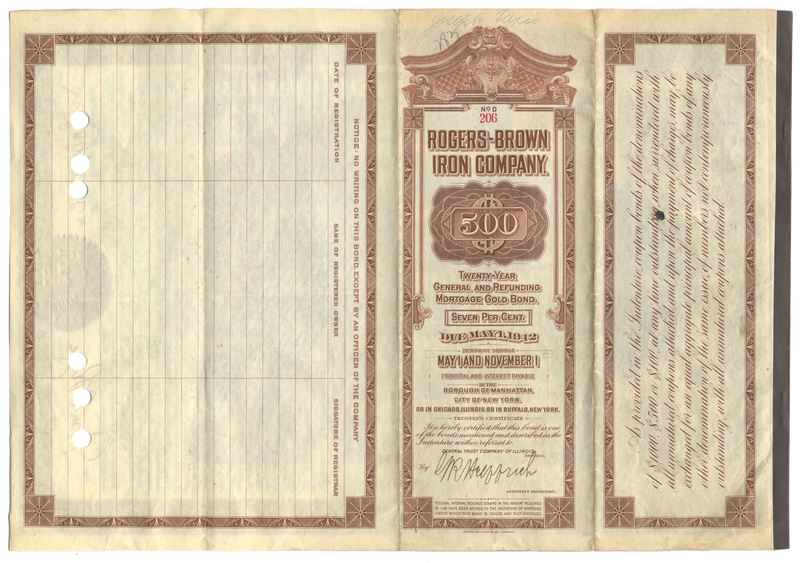Rogers-Brown Iron Company Bond Certificate