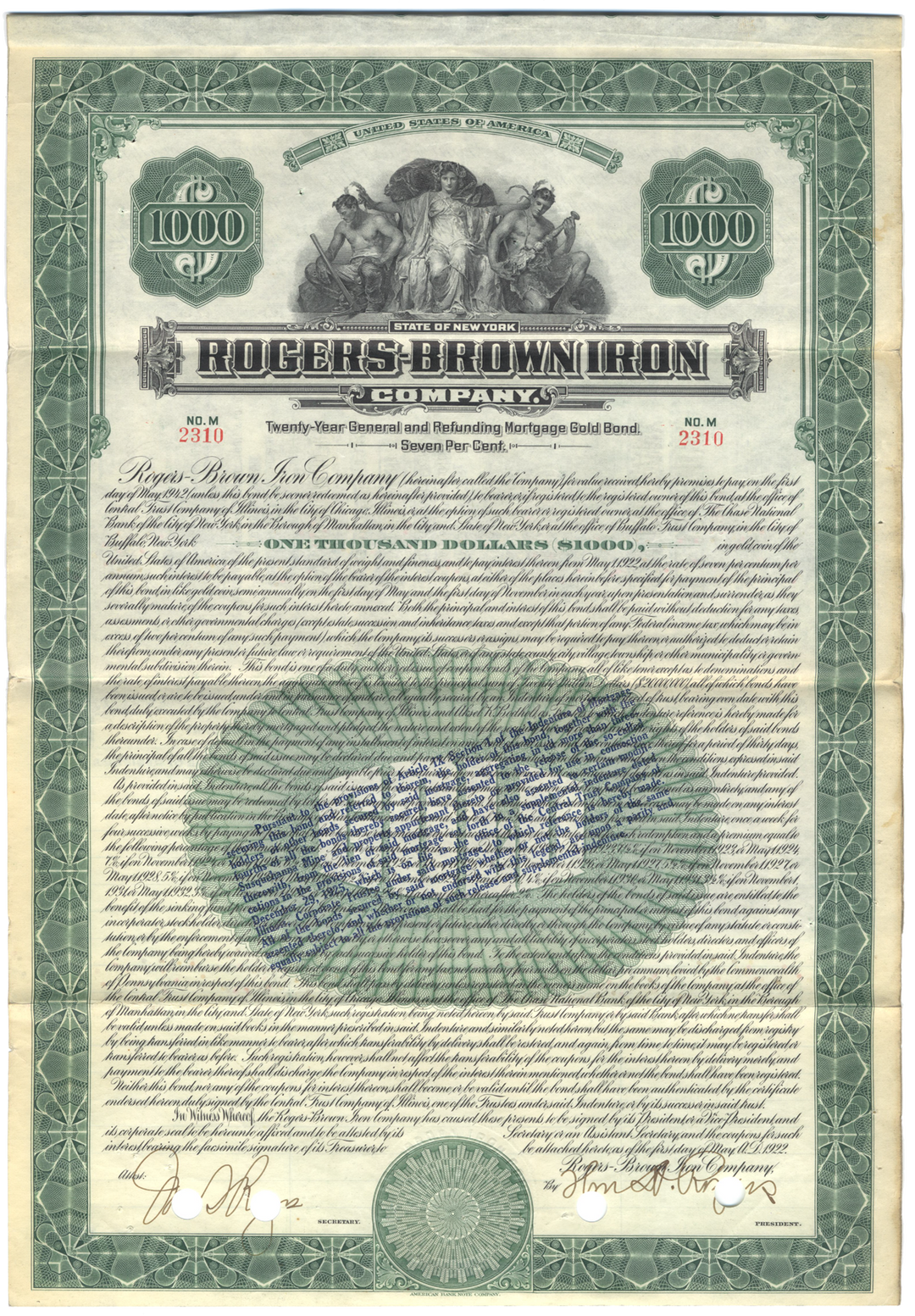 Rogers-Brown Iron Company Bond Certificate