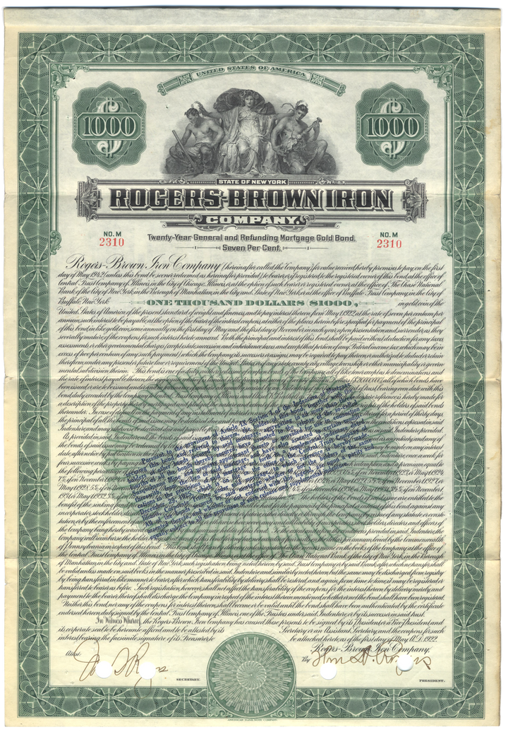 Rogers-Brown Iron Company Bond Certificate