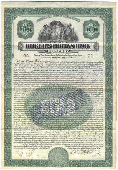Rogers-Brown Iron Company Bond Certificate