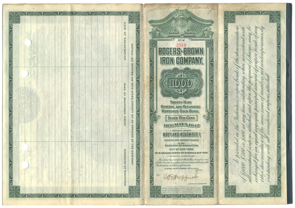 Rogers-Brown Iron Company Bond Certificate