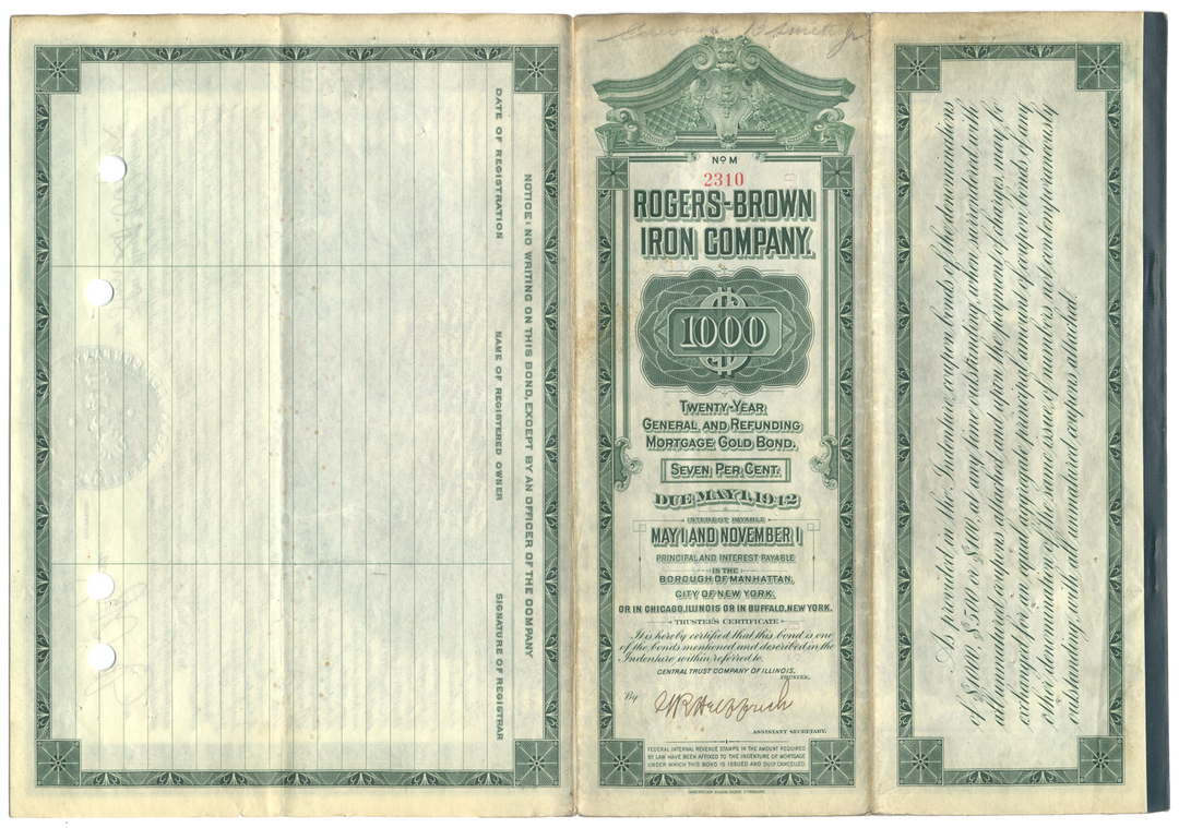 Rogers-Brown Iron Company Bond Certificate