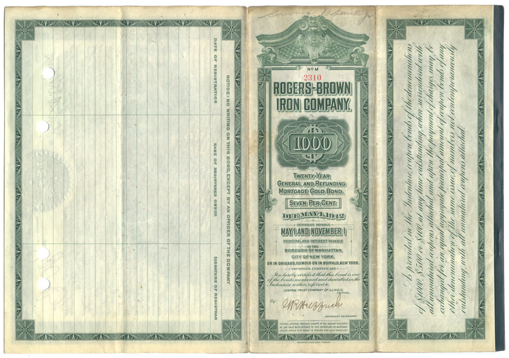 Rogers-Brown Iron Company Bond Certificate