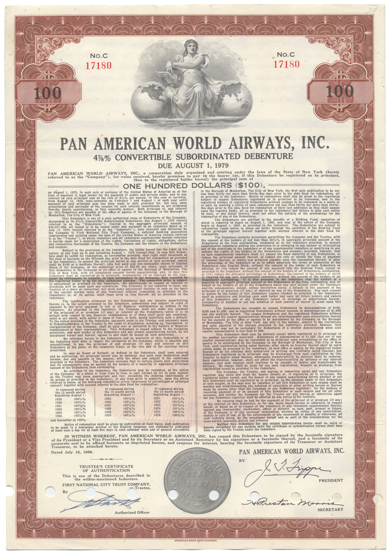 Pan American World Airways, Inc. Bond Certificate