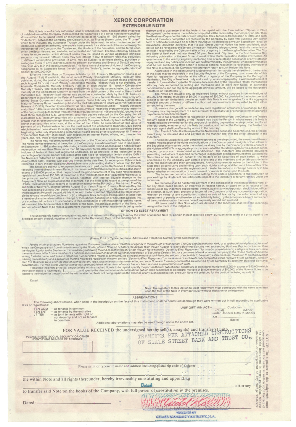 Xerox Corporation Bond Certificate