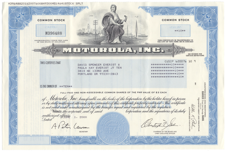 Motorola, Inc. Stock Certificate