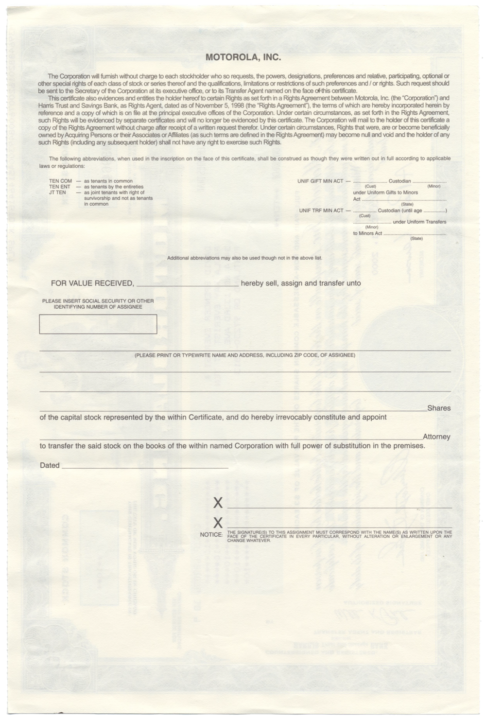 Motorola, Inc. Stock Certificate