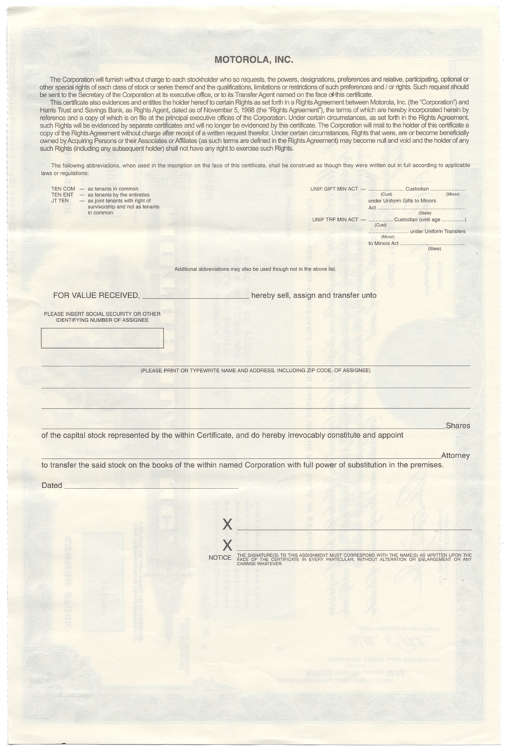 Motorola, Inc. Stock Certificate