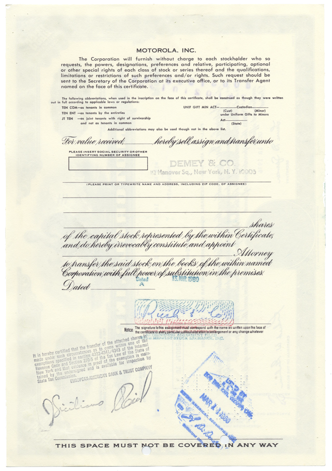 Motorola, Inc. Stock Certificate