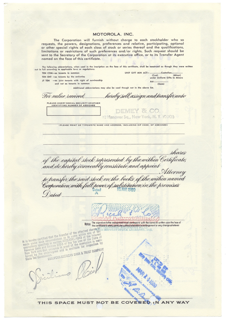 Motorola, Inc. Stock Certificate