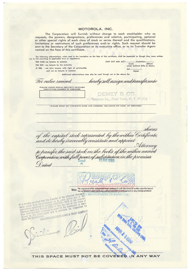 Motorola, Inc. Stock Certificate