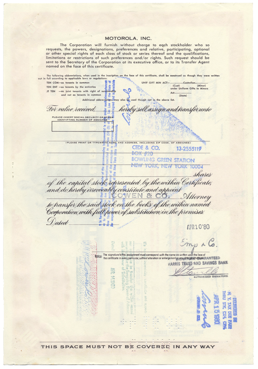 Motorola, Inc. Stock Certificate