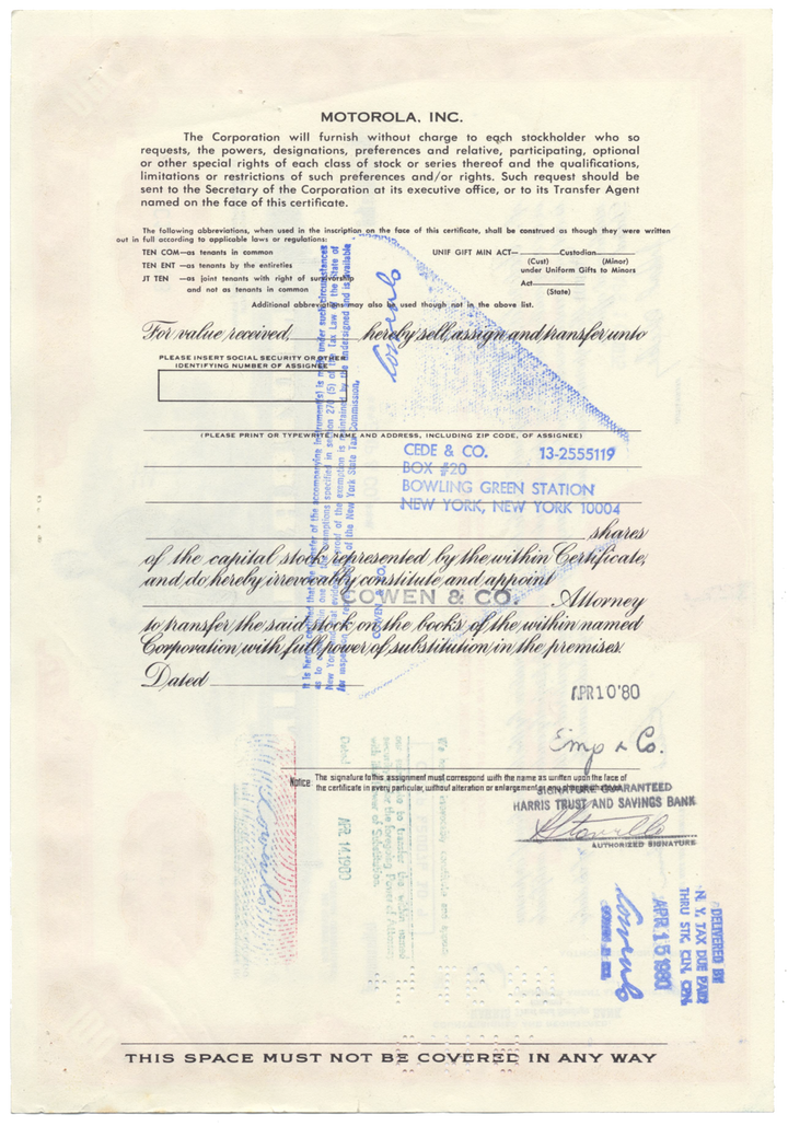 Motorola, Inc. Stock Certificate