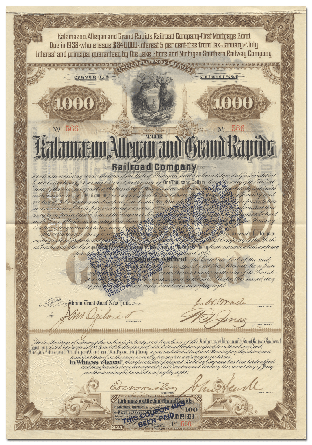 Kalamazoo, Allegan and Grand Rapids Railroad Company Bond Certificate Signed by Jeptha Wade