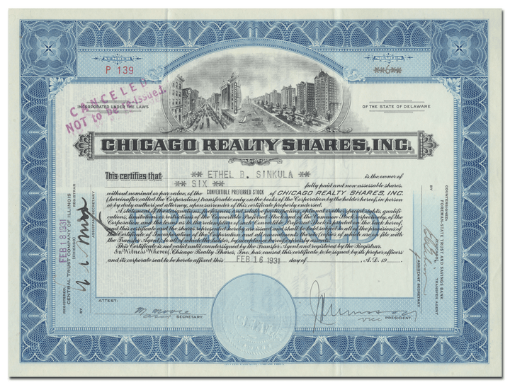 Chicago Realty Shares, Inc. Stock Certificate