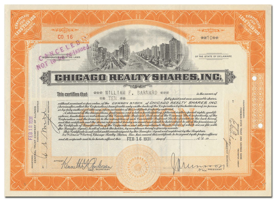 Chicago Realty Shares, Inc. Stock Certificate