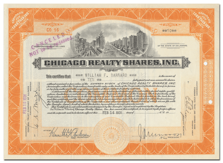 Chicago Realty Shares, Inc. Stock Certificate