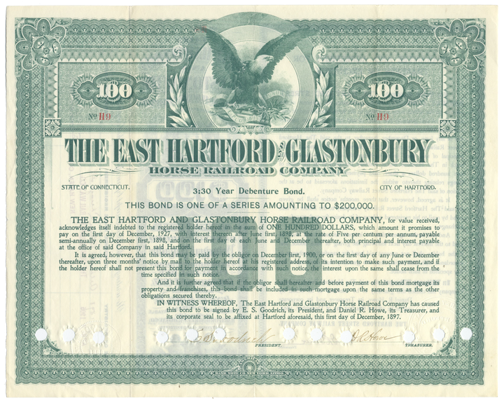 East Hartford and Glastonbury Horse Railroad Company Bond Certificate