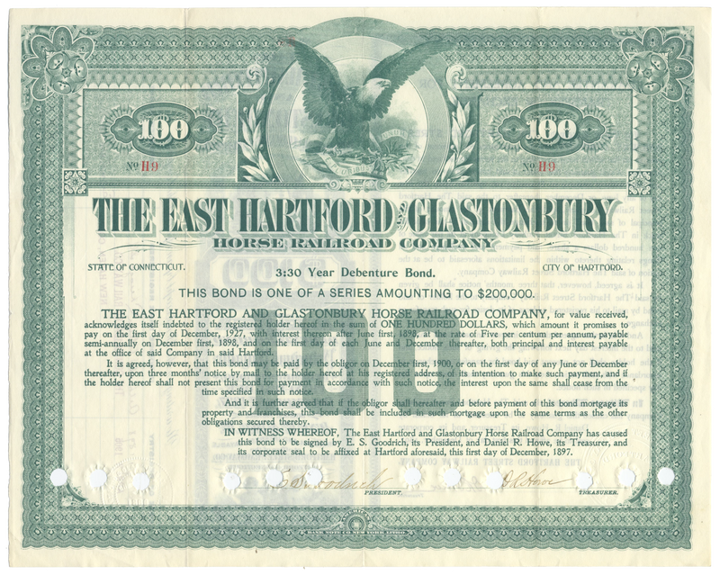 East Hartford and Glastonbury Horse Railroad Company Bond Certificate