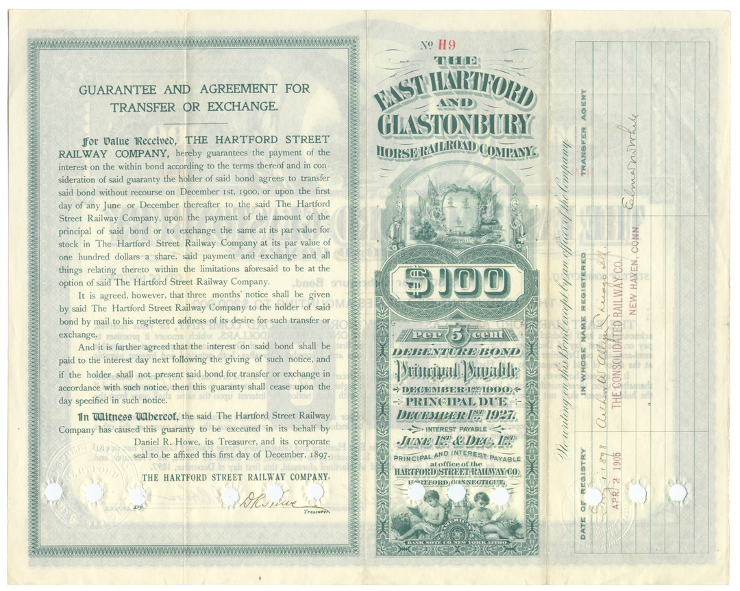 East Hartford and Glastonbury Horse Railroad Company Bond Certificate