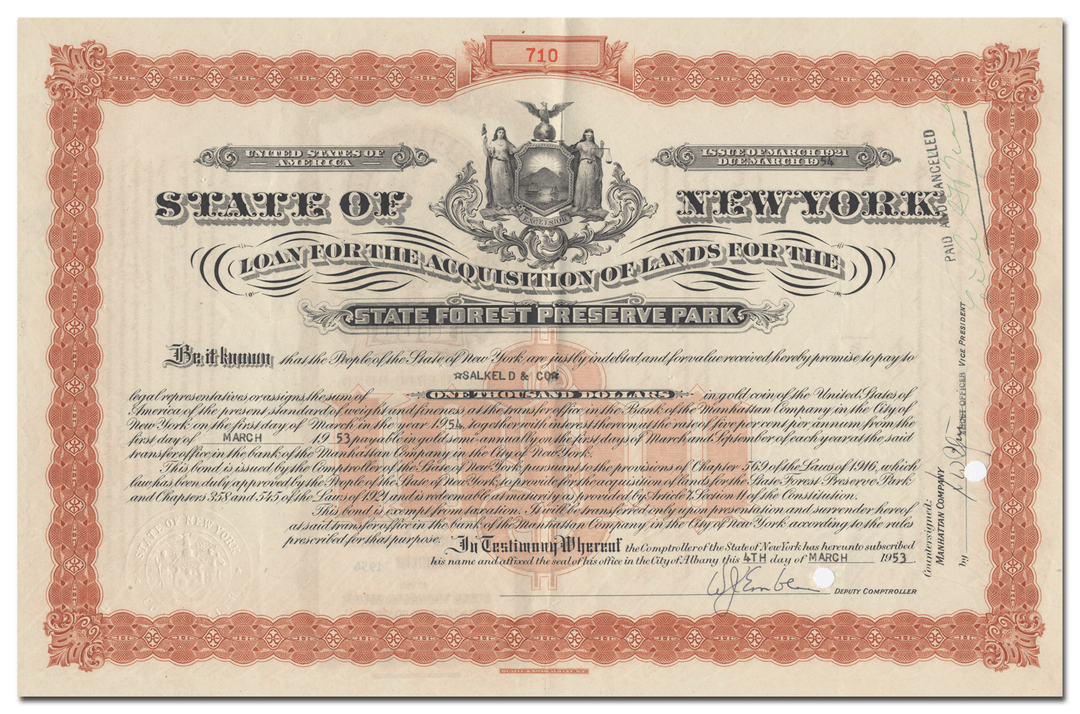 State of New York Bond Certificate for the State Forest Preserve Park